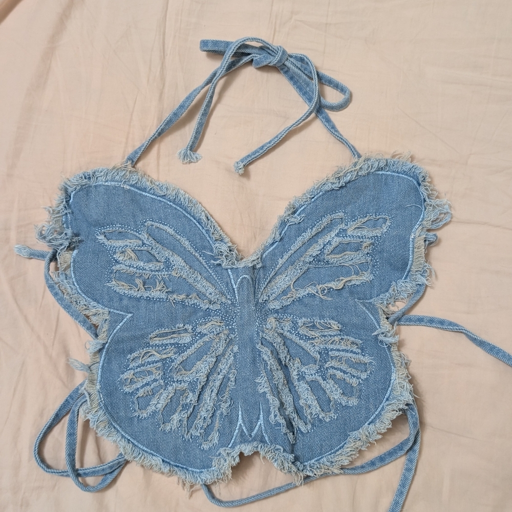 Blue Denim Butterfly Halter Top
